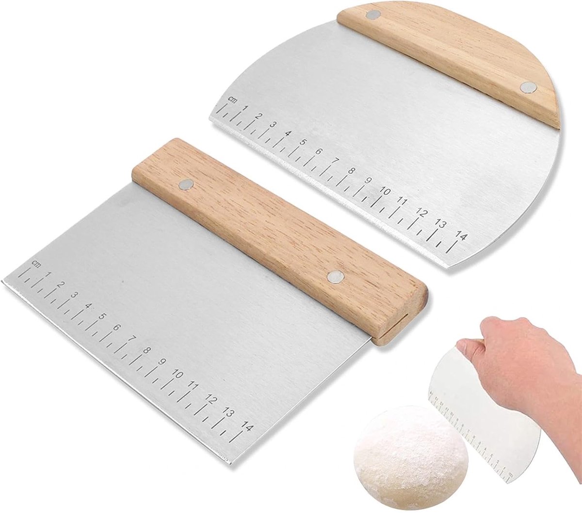 2 stuks professionele deegkaarten, roestvrij staal van roestvrij staal met houten handvat, deegsnijder, groenteschep, spatel keuken, met nauwkeurige afmetingen en schaal