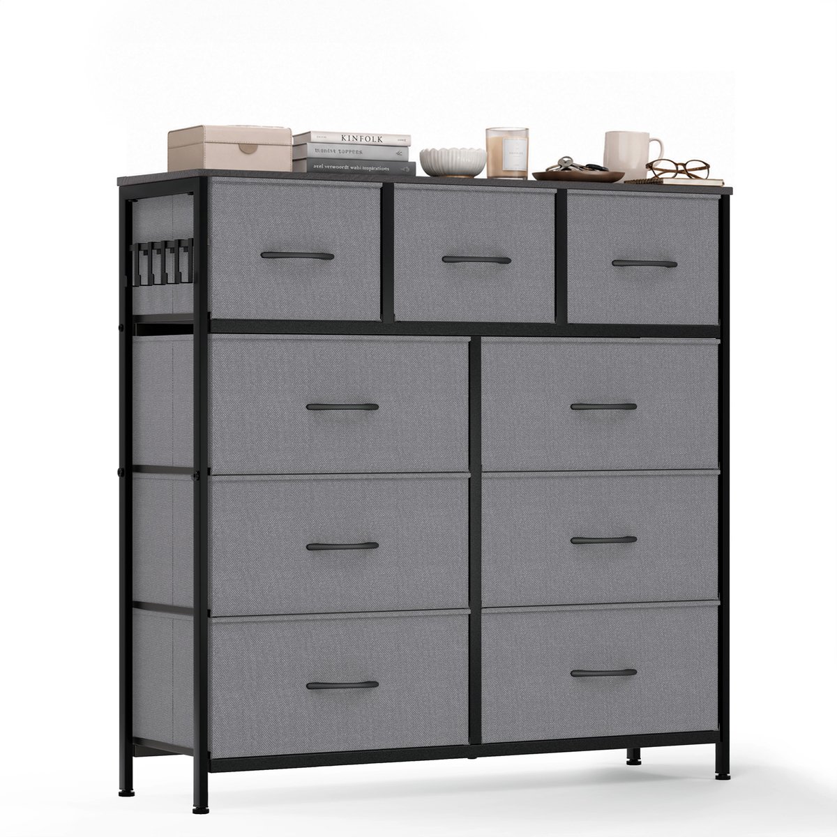 Hokeeper Ladekast met 9 Stoffen Lades – Grote Opbergkast met Houten Bovenblad – Kast met Lades – Dressoir voor Slaapkamer. Woonkamer. Hal en Entree – Opbergmeubel – 100 x 30 x 100 cm Grijs