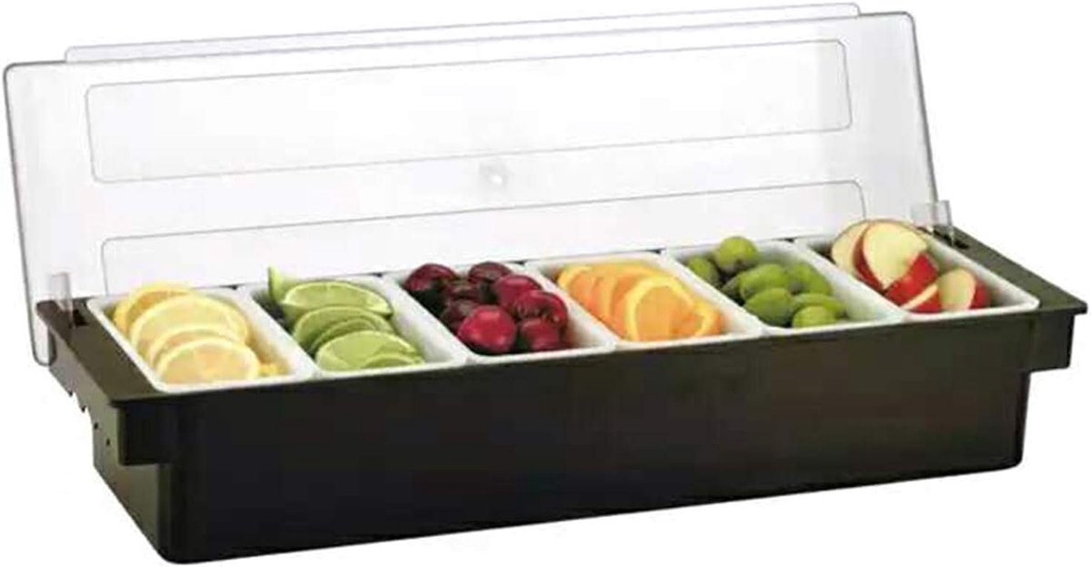 Ingrediëntencontainer, 6-delige set, met deksel, 6 x 200 ml vakken voor citroenen, fruit, olijven en cocktailingrediënten, 50 x 15 x 10 cm, zwart, met transparant klapdeksel