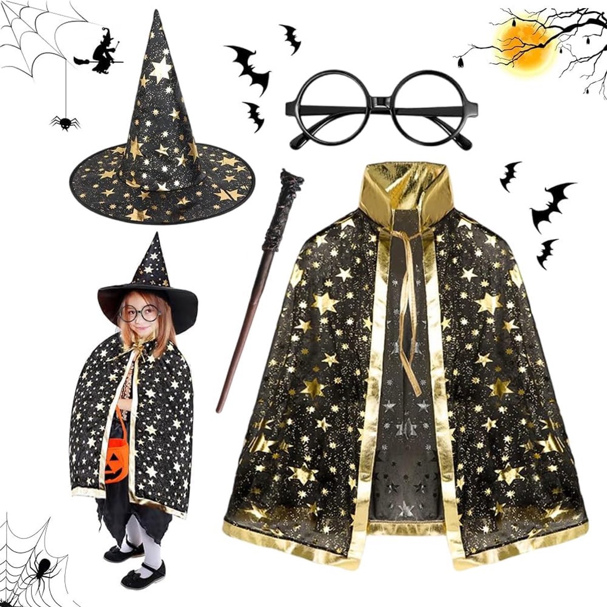 4 stuks tovenaarscape, heksencape, hoed, tovenaarscape voor kinderen, tovenaarskostuum met hoed, bril, toverstaf, voor kinderen, jongens, meisjes, cosplay-kostuum