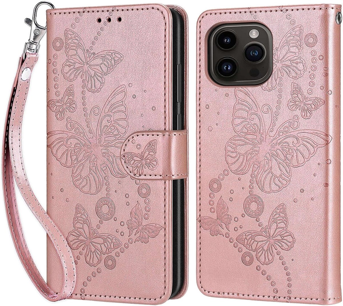 Telefoonhoesje voor iPhone 15 Pro, roségouden vlinder