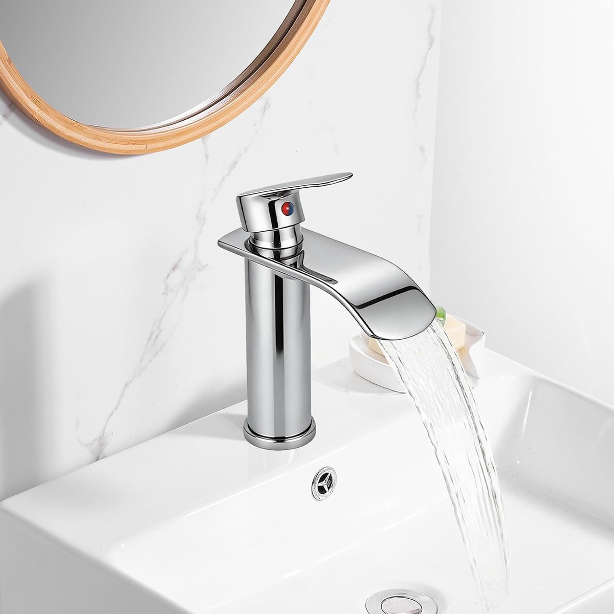 Kraan voor badkamer, roestvrijstalen waterval wastafelmengkraan met één hendel voor koud en warm water in de badkamer met 2 x 60 cm flexibele 3/8 inch slangen, waterbesparend en energiebesparend