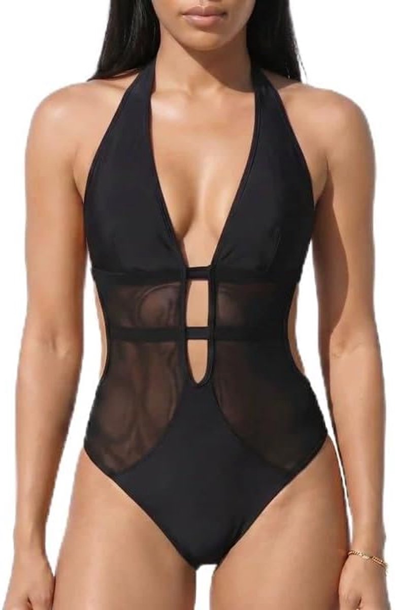 Badpak uit één stuk voor dames, diepe V-hals, mesh-paneel, zwemkostuum, halterrug, zwemkleding, buikcontrole, badpak voor strandvakantie