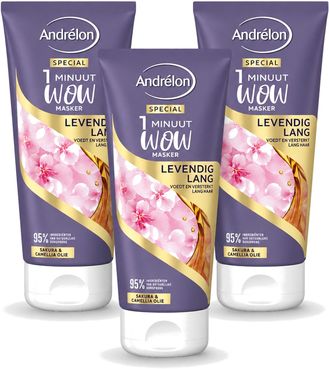 3 x Andrélon - 1 Minuut Wow Haarmasker - Levendig Lang - 180 ml - Bulkverpakking - 3 stuks