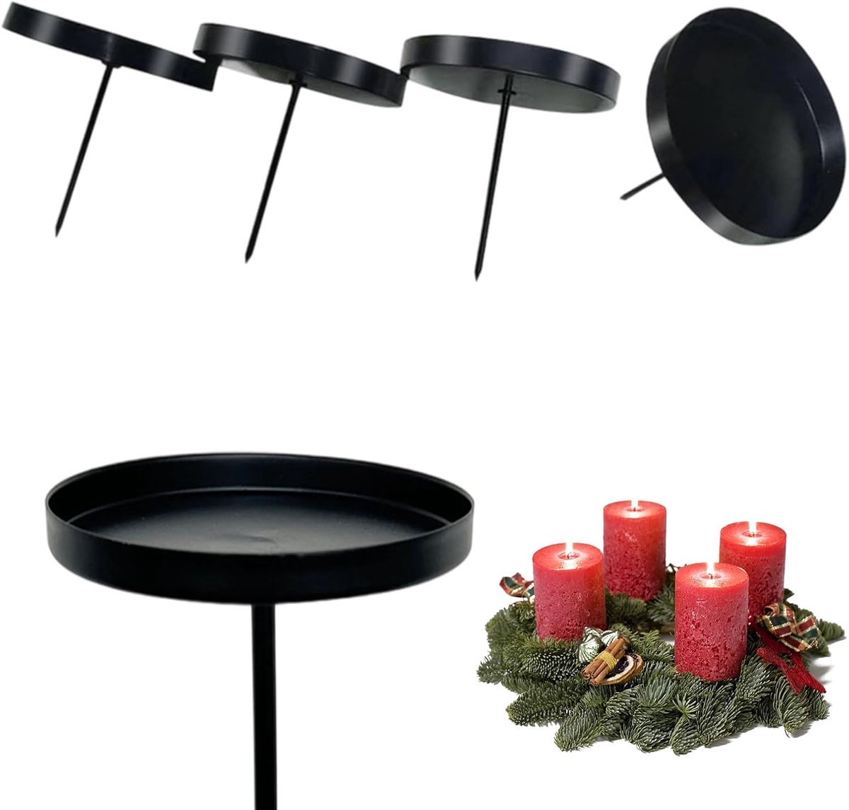 4 stuks metalen kaarsenhouders 8 cm zwart voor staafkaarsen met puntstift - veilige adventskranshouder voor kerstdecoratie