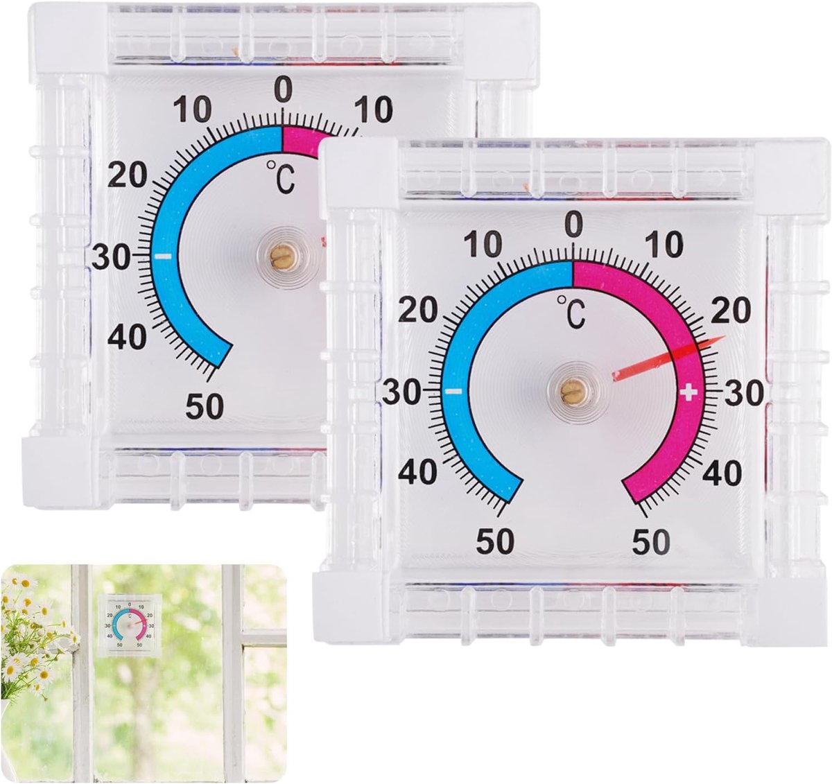 2 Stk Analoge Raamthermometer voor Transparante, Bereik -50 °C tot 50 °C