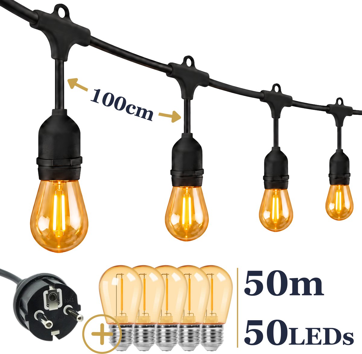 Odaily S14 Lichtsnoer 50m - 50 LEDs Amber - IP65 - Extra Warm Wit Licht - Premium Kwaliteit