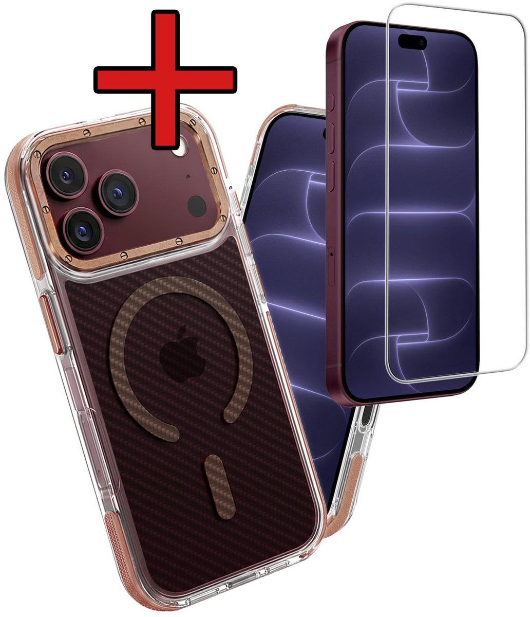 Hoesje - Met Screenprotector - Geschikt voor Apple iPhone 18 Pro - Magsafe Compatible - Carbon Look - Sterk & Shockproof - Shock Proof Case - Back Cover - Telefoon Hoes - Telefoonhoes - Bruin