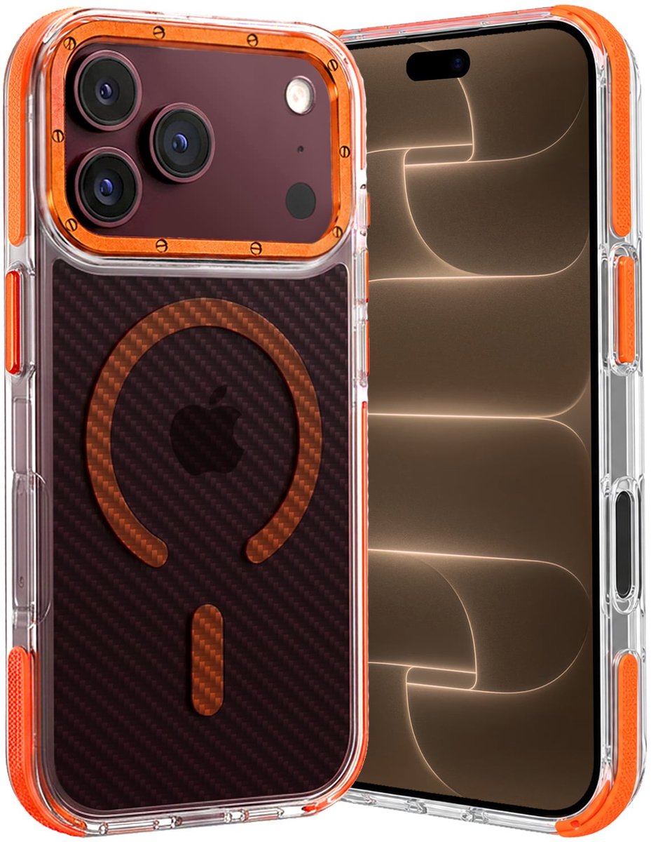 Hoes - Geschikt voor Apple iPhone 18 Pro - Magsafe Compatible - Carbon Look - Sterk & Shockproof - Back Cover - Shock Proof Case - Telefoon Hoesje Shockproof - Oranje