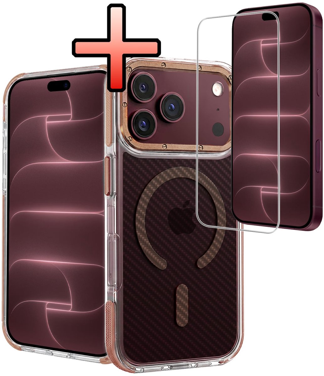 Hoesje - Met Screenprotector - Geschikt voor Apple iPhone 18 Pro Max - Magsafe Compatible - Carbon Look - Sterk & Shockproof - Back Cover - Shock Proof Case - Telefoon Hoes - Bruin