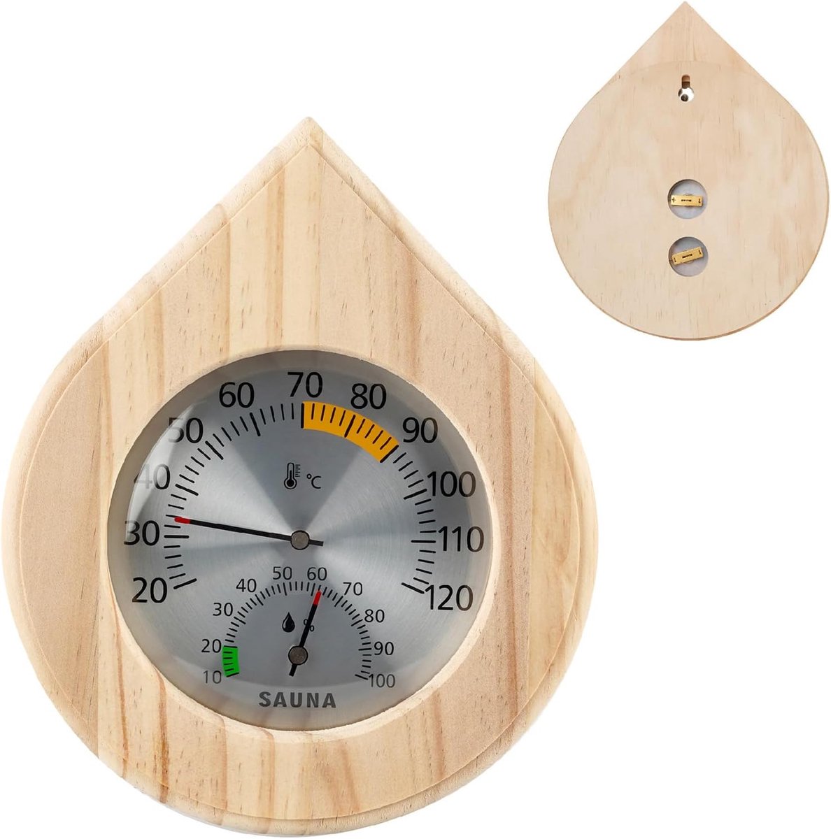 Sauna Thermometer Hygrometer 2-in-1, houten sauna thermo-hygrometer met roestvrijstalen wijzerplaat, waterdruppelvorm - ShopVlot