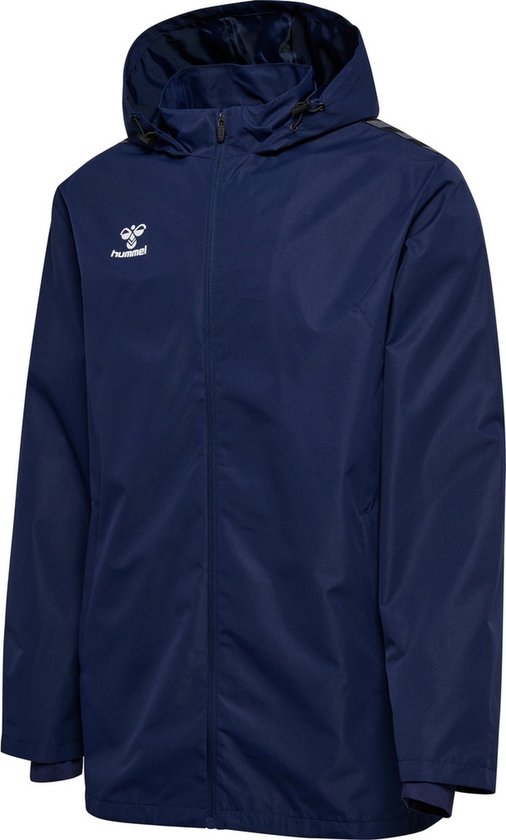 Donkerblauwe Hummel jas met capuchon, ritssluiting, wit logo op de borst en streepdetail op de schouders.