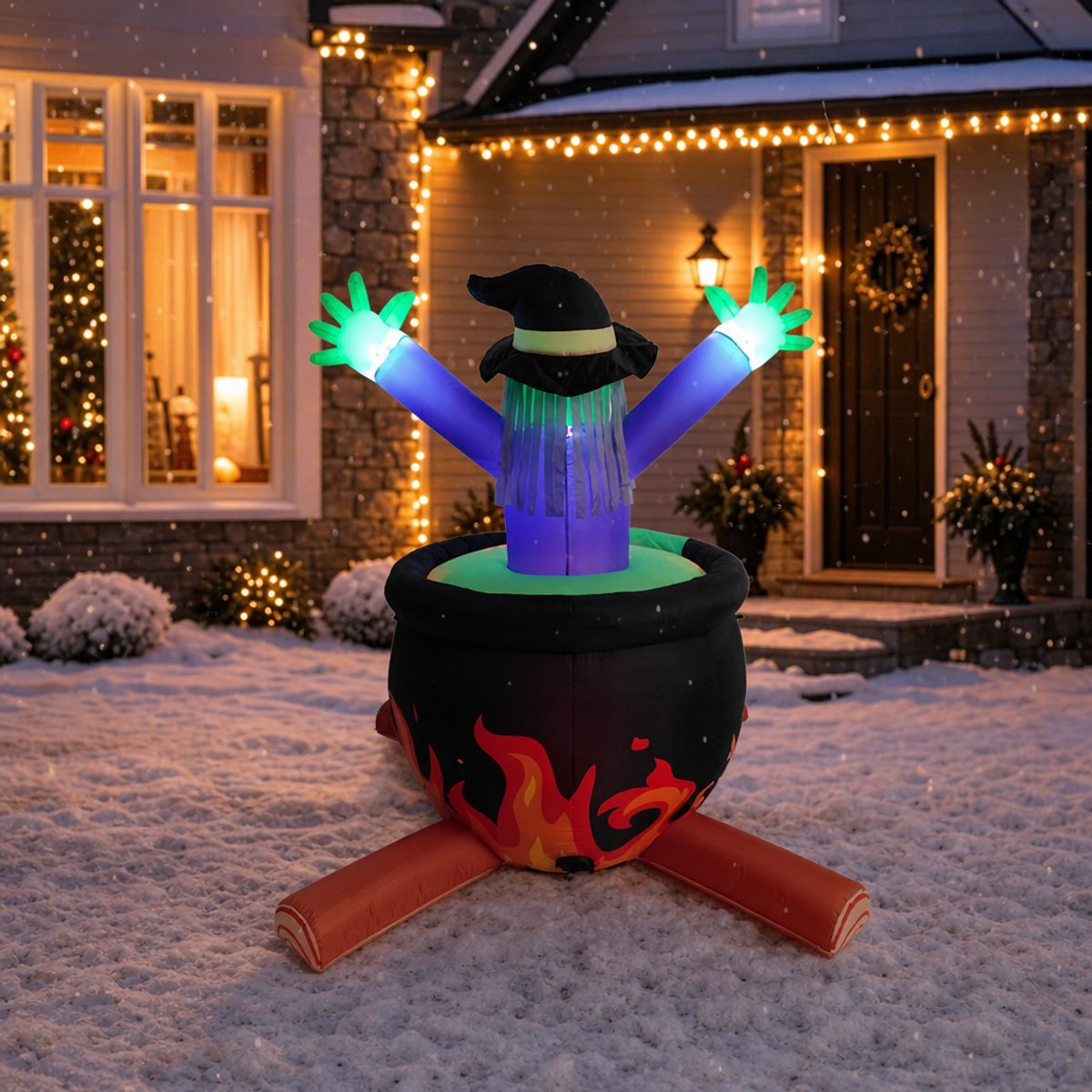 Opblaasbare Halloween-heks in ketel - 160 cm hoog - met witte LED-verlichting - Halloween-decoratie voor tuin & buiten - incl. grondpennen