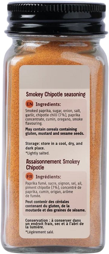 Etiket op achterkant met ingrediënten voor Smokey Chipotle kruidenmix in het Engels en Frans.
