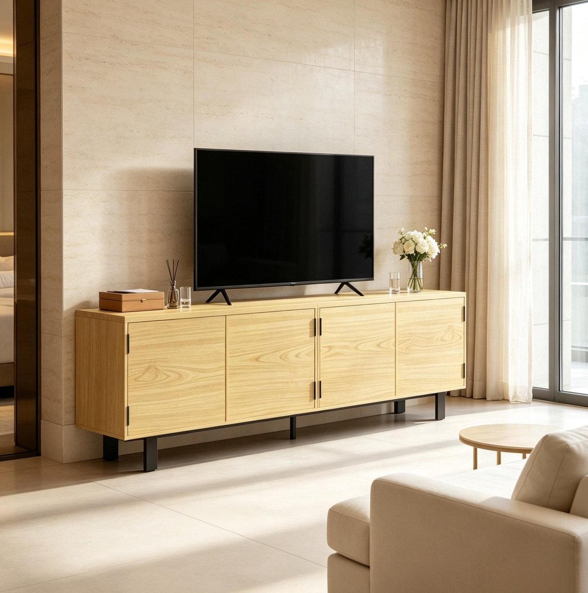 MODFU TV-Meubel - 4 Drukdeuren - Modern - Houtlook - Metaal - Naturel - 180 X 35 X 55,5 Cm