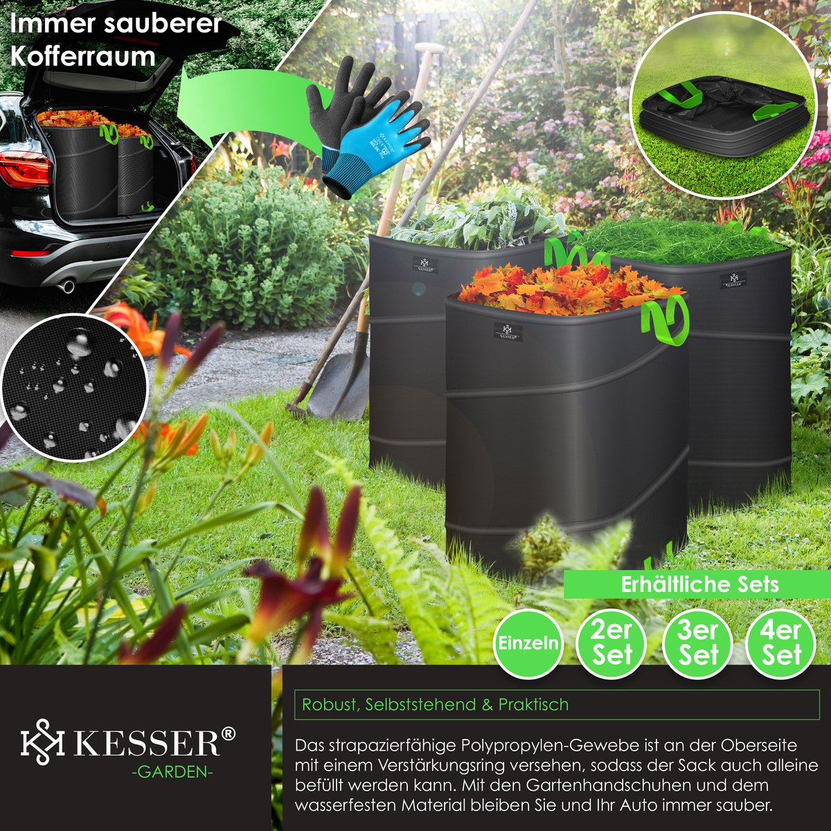KESSER® Pop-up tuinzak set van 3 x 175 liter - Zelfstaand en opvouwbaar - Zwart/lichtgroen