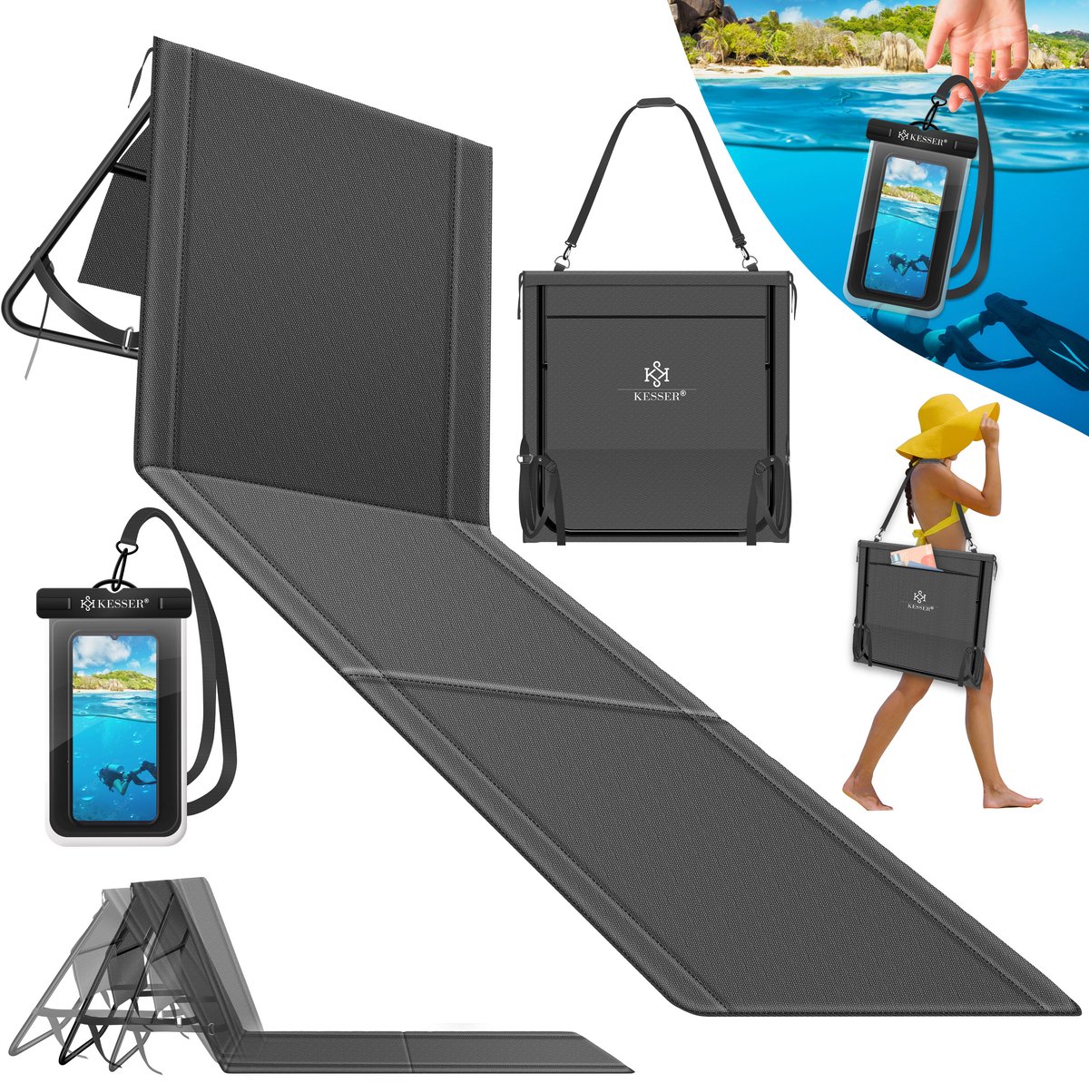 KESSER® Strandmat opvouwbaar - Verstelbare rugleuning en draagriem - Tot 130 kg - 1 stuk - Antraciet