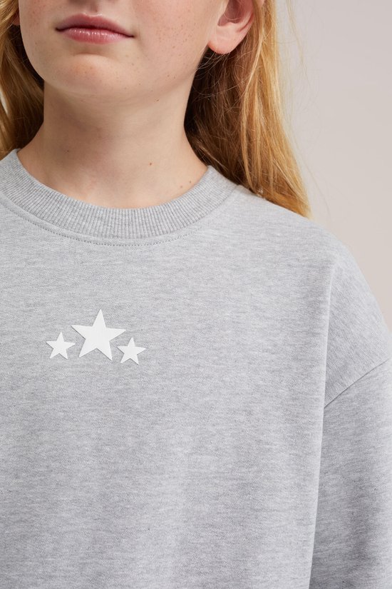 Detail van de grijze sweater met drie witte sterren op de borst.