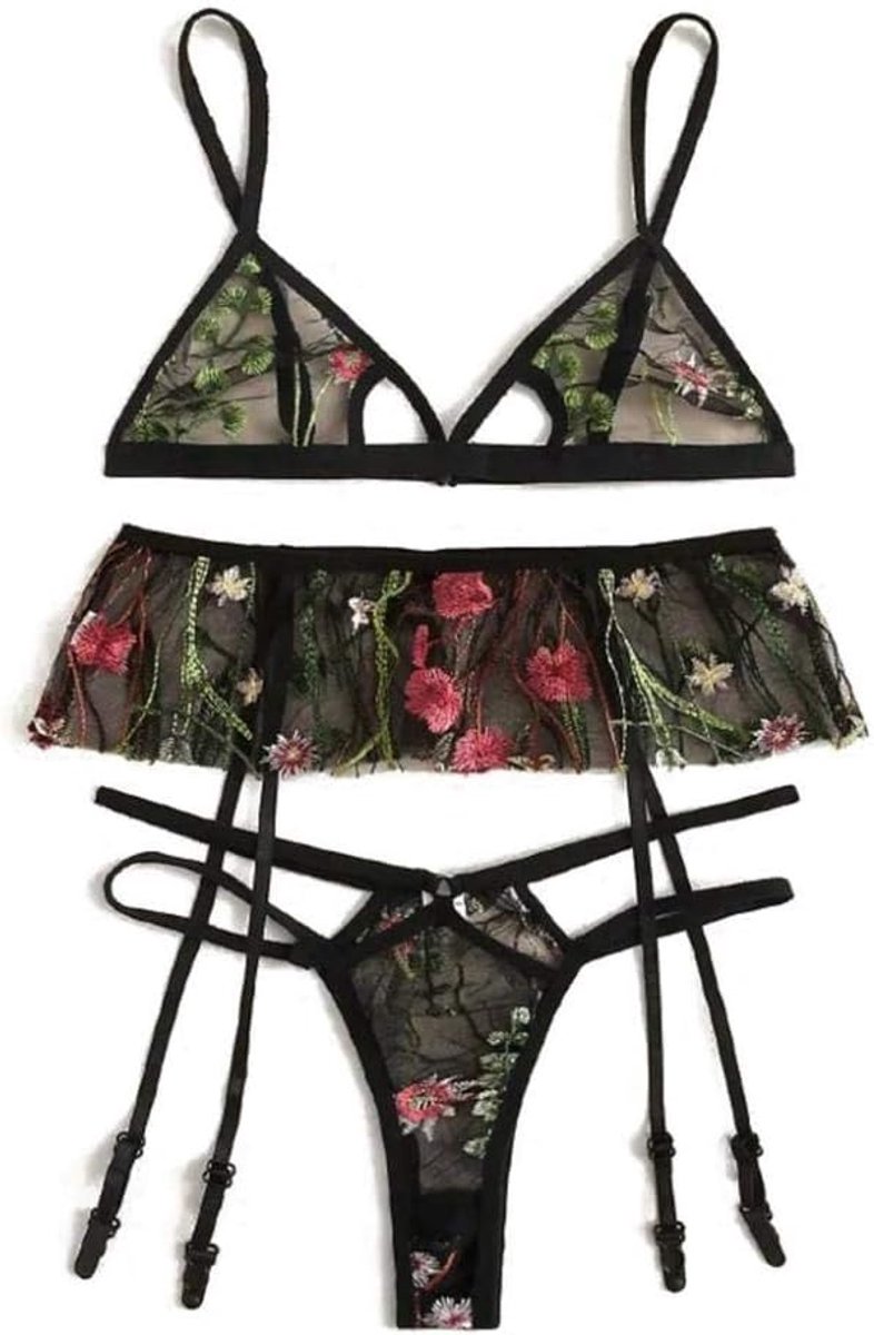 Lingerie voor dames V-hals transparante lingerie met jarretelgordel lingerie bodysuitVrouwen Plus Size Borduur BH + String + Kousenband Lingerie Set Ondergoed S-2XL lungerie sexy