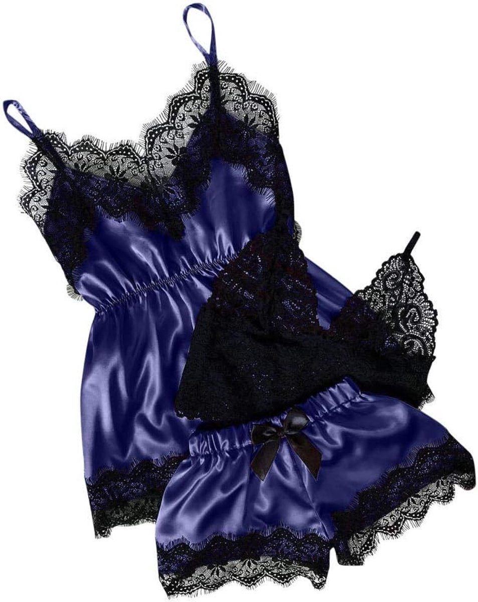 Nachtkleding kant lingerie sexy jurk met string voor damesPyjama Dames Pijamas Effen Kleur V-hals Sexy Nachtkleding Vlek Hemdje Strik Shorts Pyjama Set-D_XXL