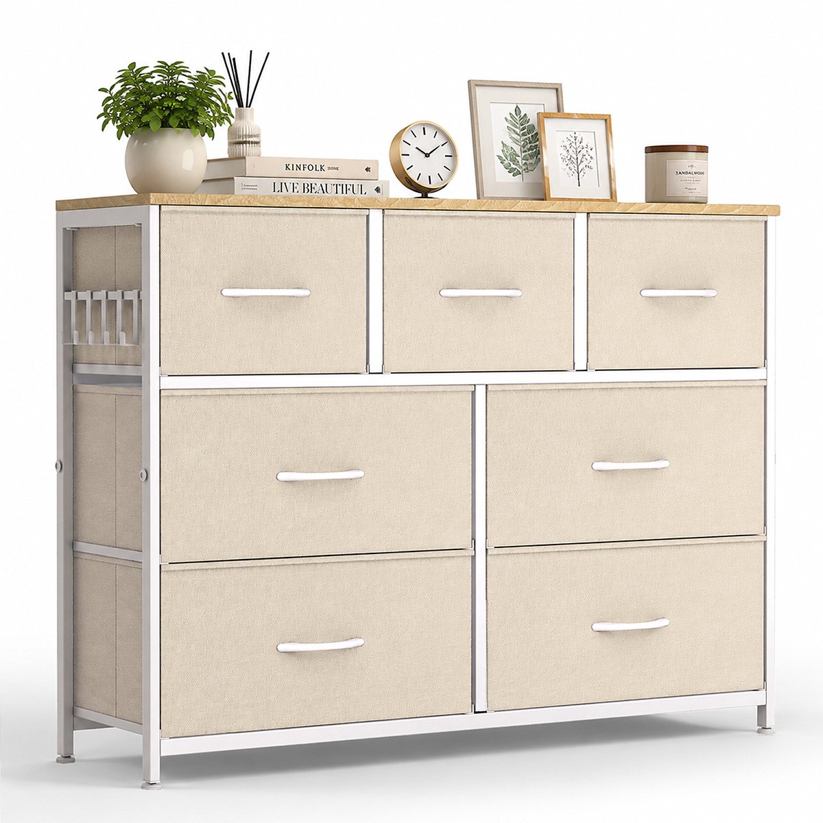 Hokeeper Ladekast met 7 Stoffen Lades – Dressoir met Houten Bovenblad – Opbergkast – Ladenkast voor Slaapkamer. Woonkamer. Hal. Keuken en Kantoor – Beige – 100 x 30 x 75 cm