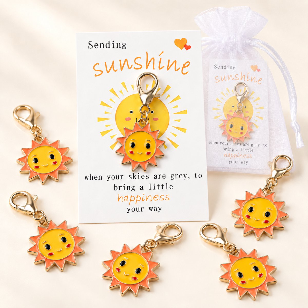 Sterkte Cadeau 5 Stuks - Zon Sleutelhanger met Kaartje & Zakje - Opkikker & Beterschap Cadeautje - Kasey