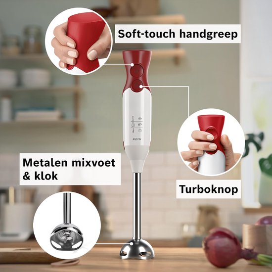 Verte - Staafmixer - 450 W Motor - Twee Snelheidsstanden - Hakmolen - Garde En Mengbeker - Wit/Rood van Verte — afbeelding 3