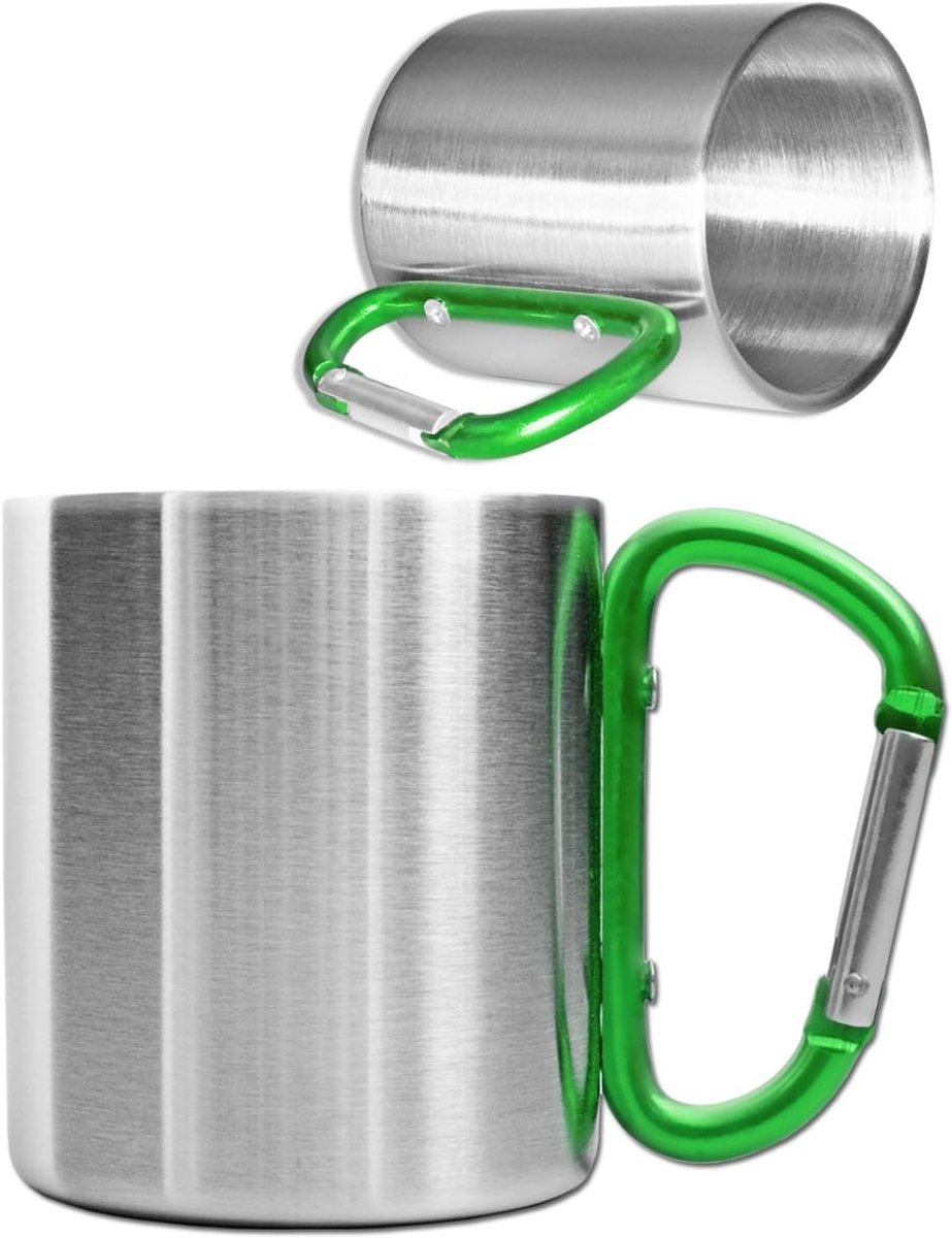 Campingbeker met karabijnhaak, roestvrij staal, 250 ml (zilver/groen)