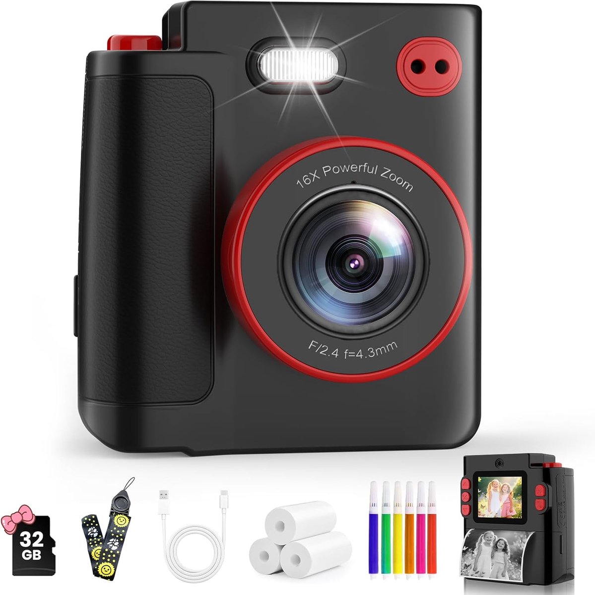 Print kindercamera,1080P instant camera voor kinderen, kids digitale camera met 32 GB kaart en fotopapier, kerstverjaardagscadeaus kinderspeelgoed voor kinderen van 3-12 jaar