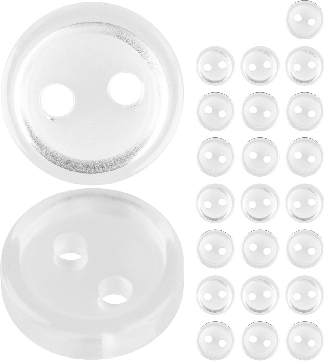 Knopen voor kleding, 24 stuks, 2 gaten, Ø 11,4 mm, transparant, polyester, maat 18L, harsknopen voor jas, mantel, overhemd, poloshirt, doe-het-zelf knoop kunsthars, wasknopen, basisknopen