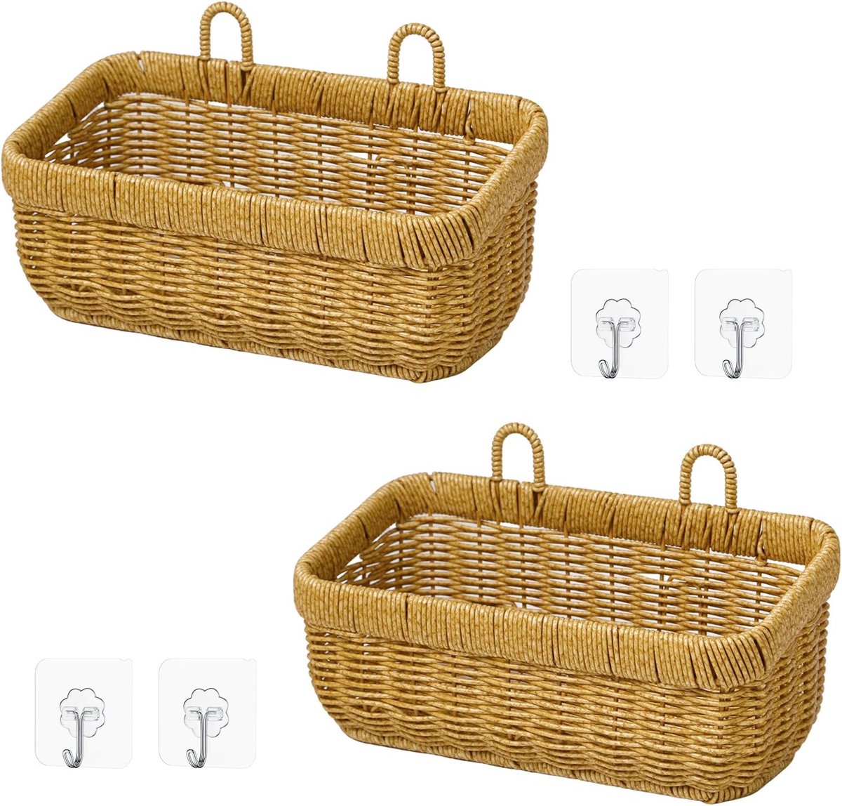 2 stuks Hangende rattanweveringsmand geweven rieten wandmand met haak voor keuken, woonkamer, slaapkamer en badkamer (28 x 16 x 13 cm)