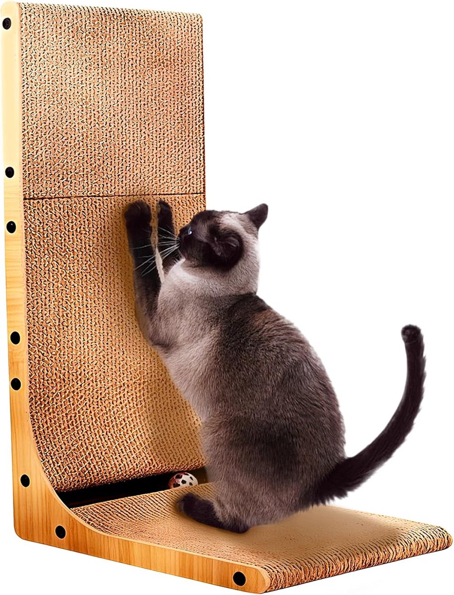 Krabplank voor katten, 70 cm hoog, L-vormig krabkarton voor katten, zeer dicht, slijtvast krabmeubel met kattenspeelgoed, kattenkrabplank voor muur en hoek, groot