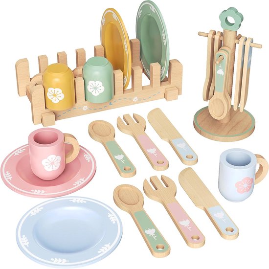 Complete houten speelkeukenset met borden, kopjes, bestek en houders in pasteltinten en bloemdecoraties.