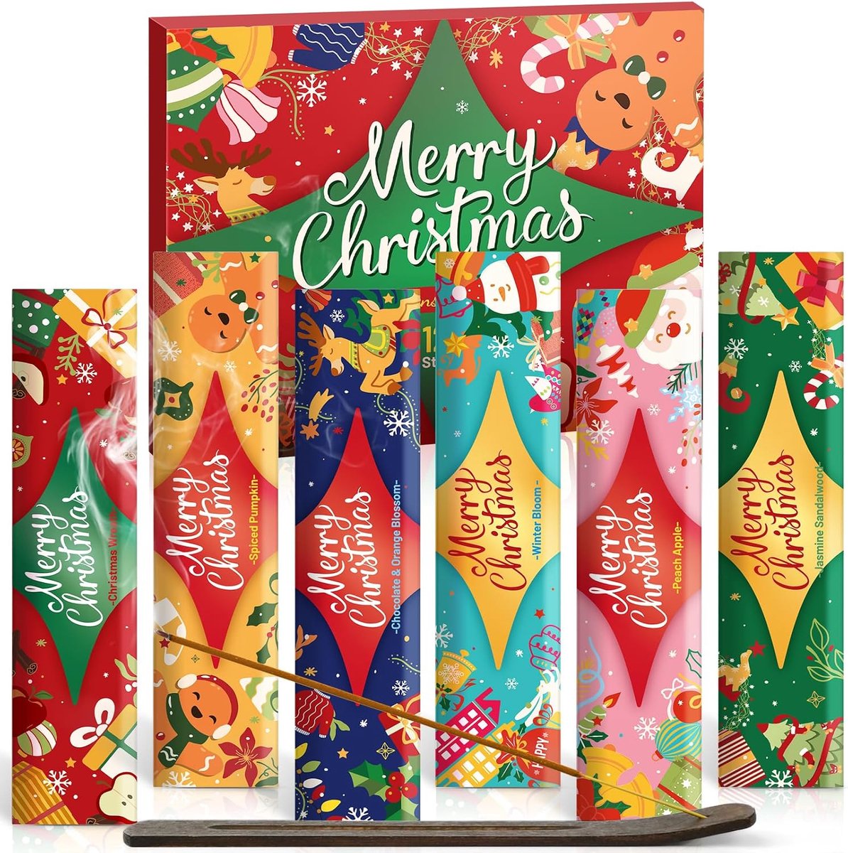 Wierookstokjes set, geur winterbloesem, jasmijn sandelhout, perzik appel...120 stokken, inclusief 1 wierookstokjeshouder, cadeauset Kerstmis
