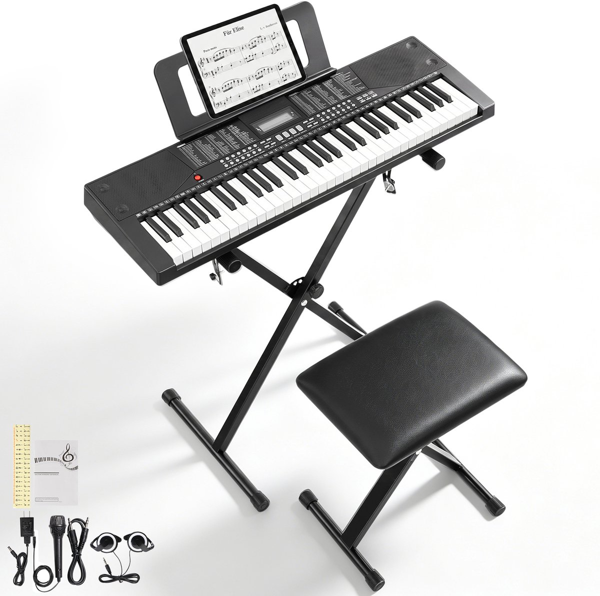 Digitale piano- 61 standaard toetsen - Compleet pakket met X-standaard + bankje - USB-MIDI - Elektronische piano voor beginners - Zwart