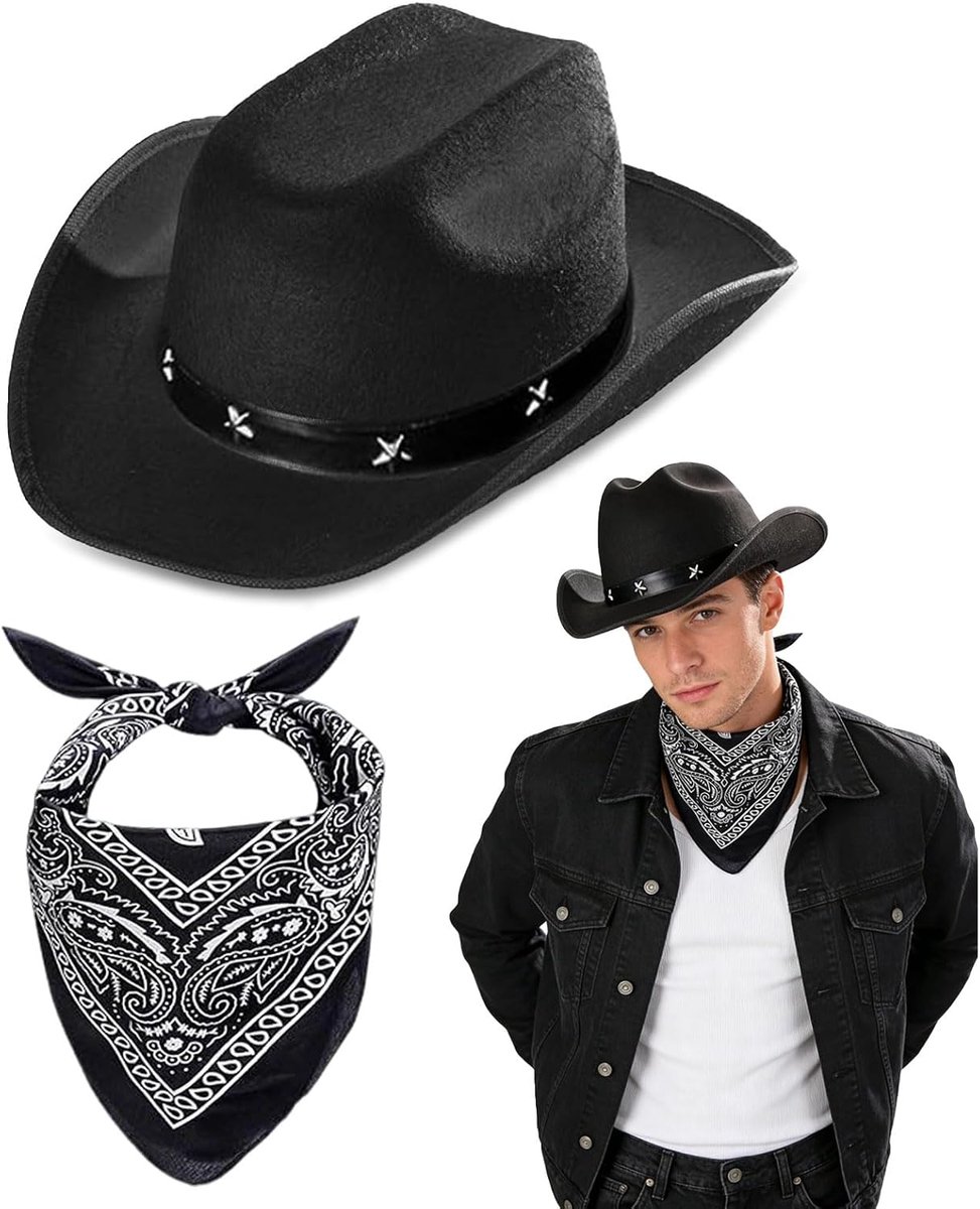 2-delig cowboykostuum voor heren, cosplay, met hoed, bandana, accessoires voor cowboykostuums, hoeden voor volwassenen, western cowboy outfit kit voor carnaval, hippiekostuumset (zwart)