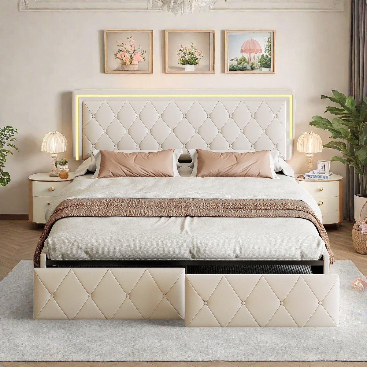 ROSAHQNDA Tweepersoonsbed 160x200 cm - Gestoffeerd Bed met LED Verlichting en 4 Lades - Verstelbaar Hoofdbord - PU - Bed voor Jongeren en Volwassenen - Lattenbodem - Beige - Zonder Matras