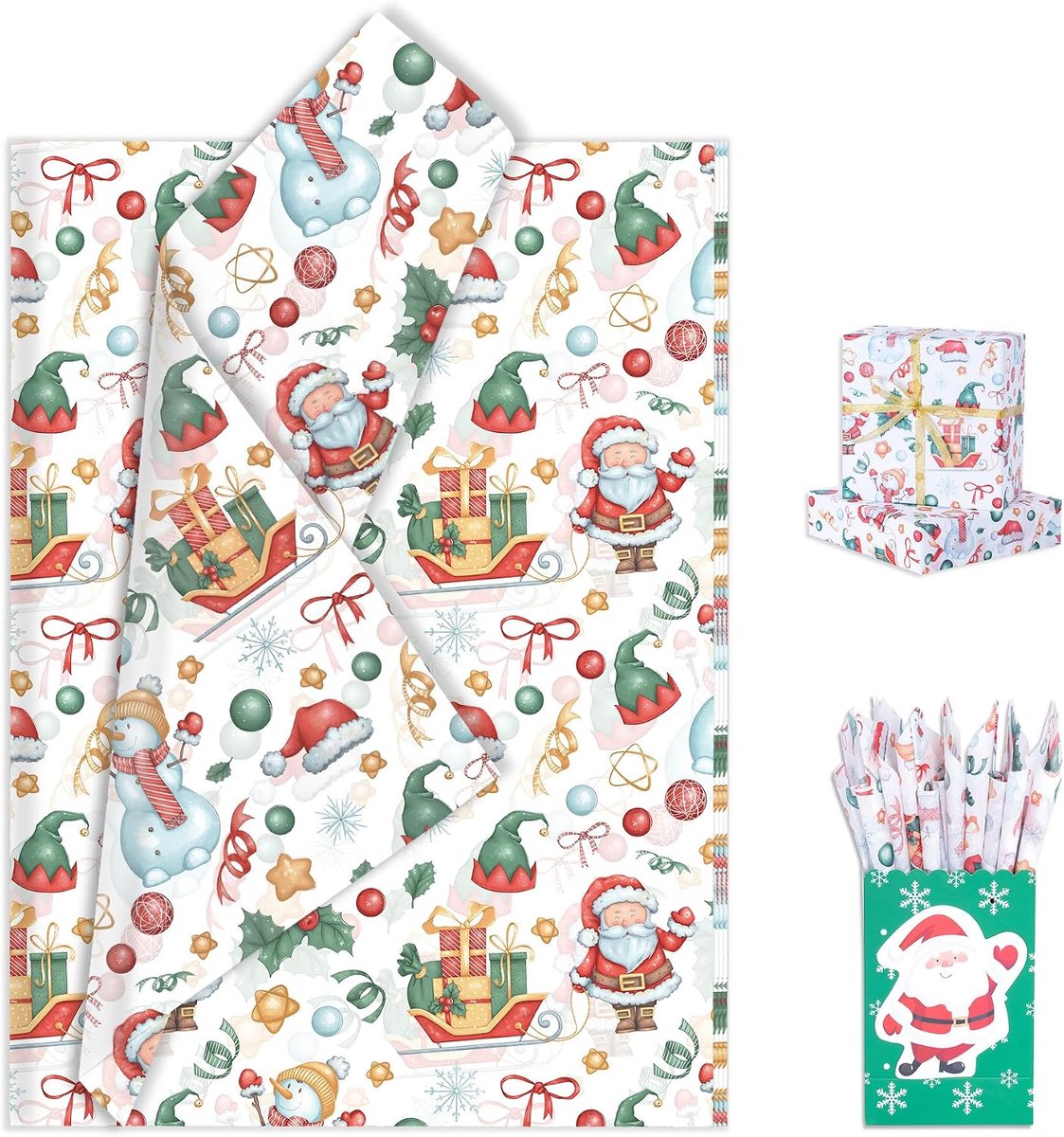 Kerst weefsel papier voor het inpakken van geschenken, 60 stuks Cartoon groen en rood weefsel papier vellen voor het verpakken van cadeautassen, Sinterklaas slee sneeuwman