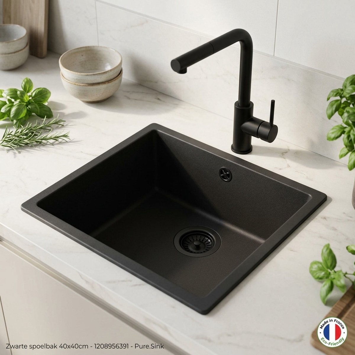 Spoelbak 40x40 cm zwart onderbouw en opbouw Pure.Sink