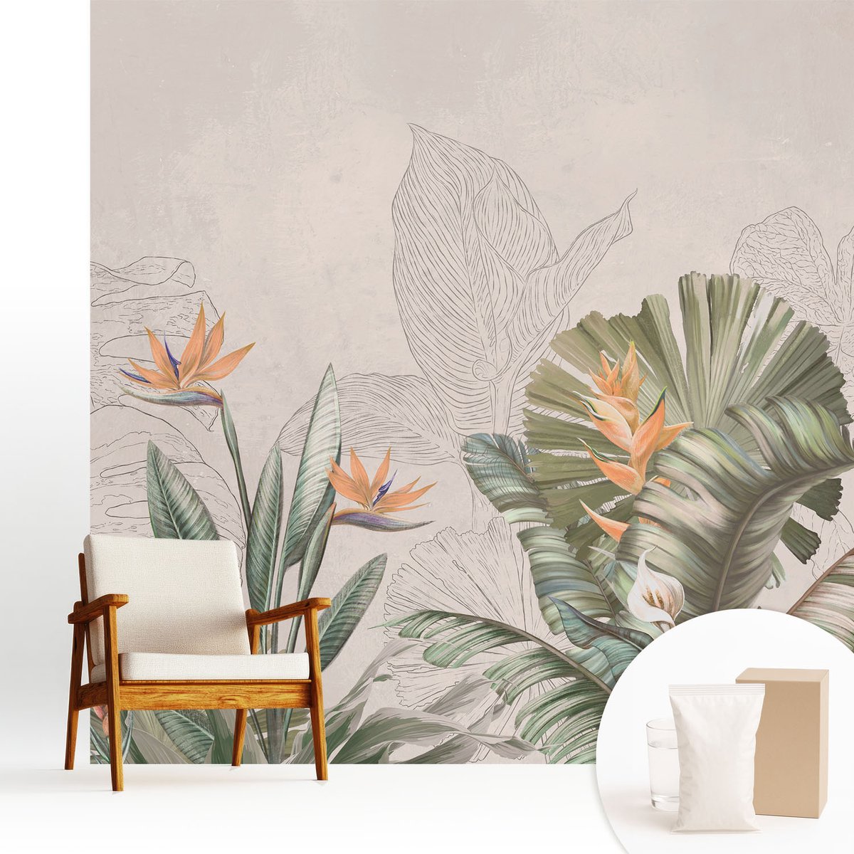 Wallfluent Fotobehang - Beige Vliesbehang - 250x250 cm - Tropische Bloemen Muurschildering - Slaapkamer behang Bloemen En Planten - Fotobehang Vlies - Slaapkamer behang