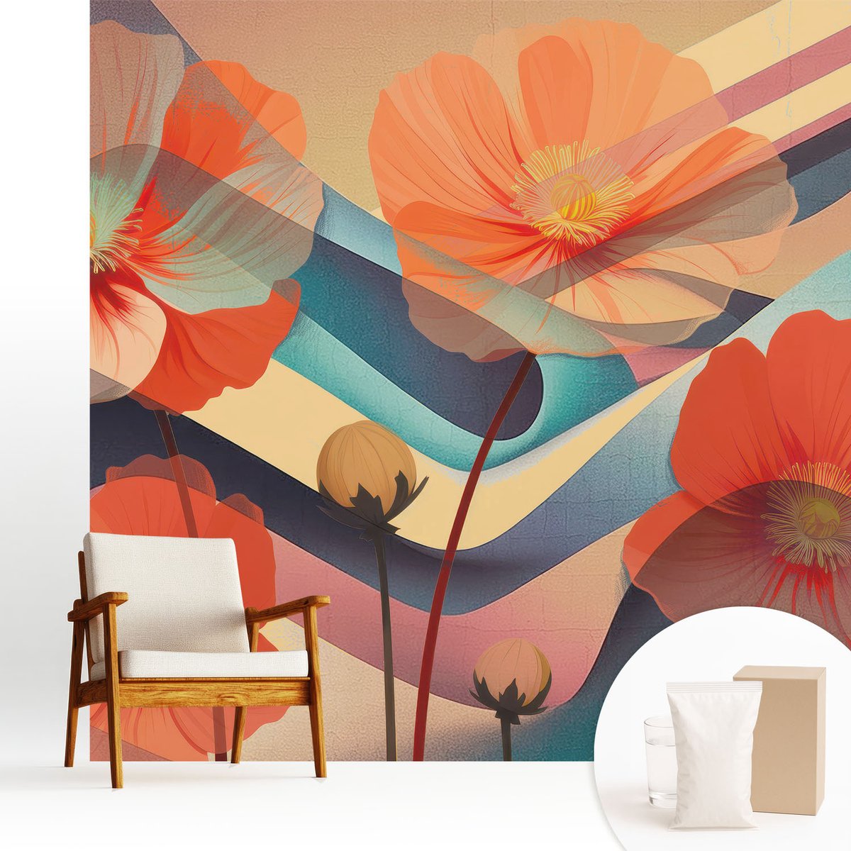 Wallfluent Fotobehang - Oranje Vliesbehang - 250x250 cm - Bloemen Van De Zintuigen Muurschildering - Gang behang Bloemen En Planten - Fotobehang Vlies - Slaapkamer behang