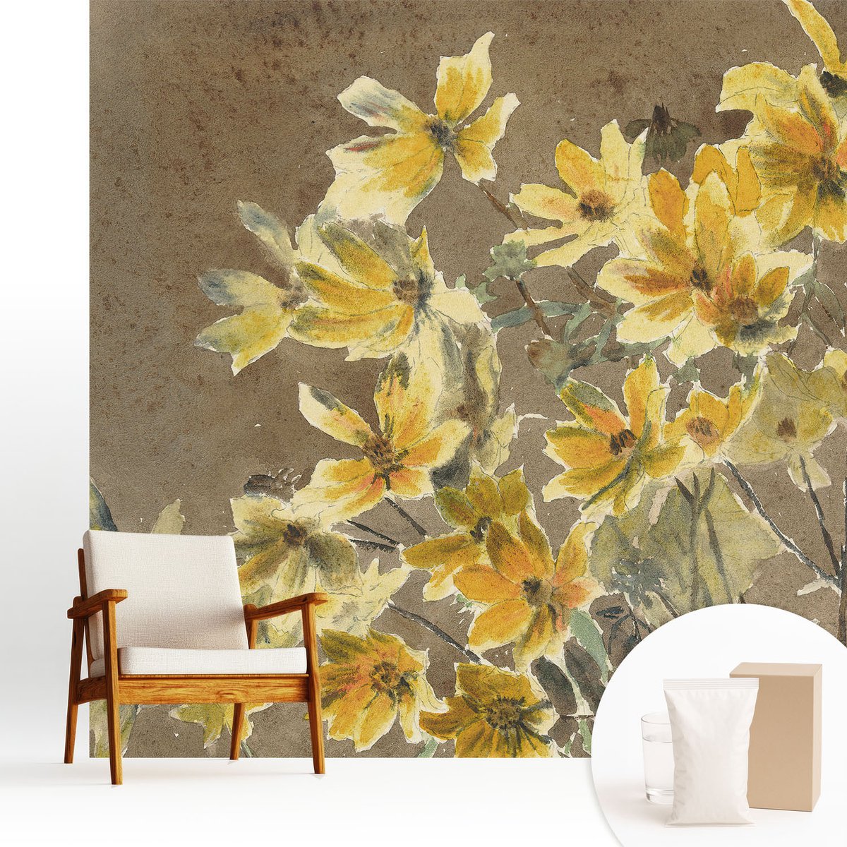 Wallfluent Fotobehang - Bruin Vliesbehang - 250x250 cm - Zonnig Boeket Muurschildering - Slaapkamer behang Bloemen En Planten - Fotobehang Vlies - Slaapkamer behang