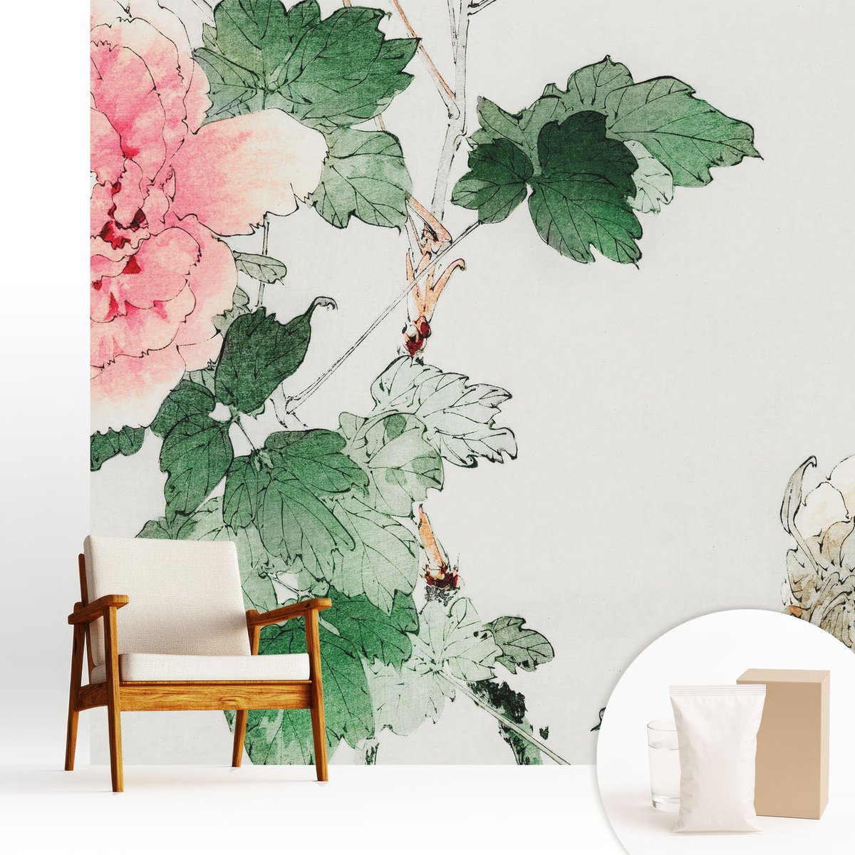 Wallfluent Fotobehang - Groente Vliesbehang - 250x250 cm - Subtiele Bloemen Fotobehang Vlies - Woonkamer behang Bloemen En Planten - Muurschildering - Woonkamer behang