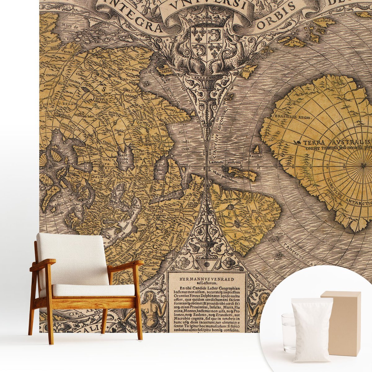 Wallfluent Fotobehang - Geel Vliesbehang - 250x250 cm - Historische Cartografie Muurschildering - Slaapkamer behang Kaarten - Fotobehang Vlies - Slaapkamer behang