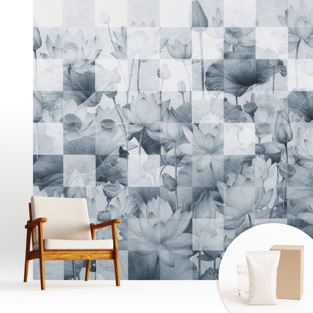 Wallfluent Fotobehang - Blauw Vliesbehang - 250x250 cm - Lotusbloemen Muurschildering - Slaapkamer behang Texturen - Fotobehang Vlies - Slaapkamer behang