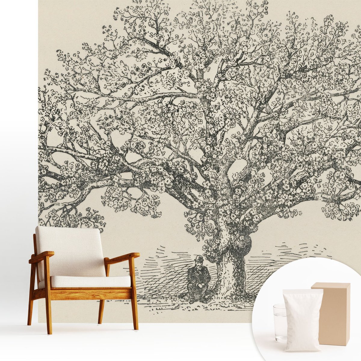 Wallfluent Fotobehang - Zwart-Wit Vliesbehang - 250x250 cm - Boomillustratie Muurschildering - Slaapkamer behang Bloemen En Planten - Fotobehang Vlies - Slaapkamer behang