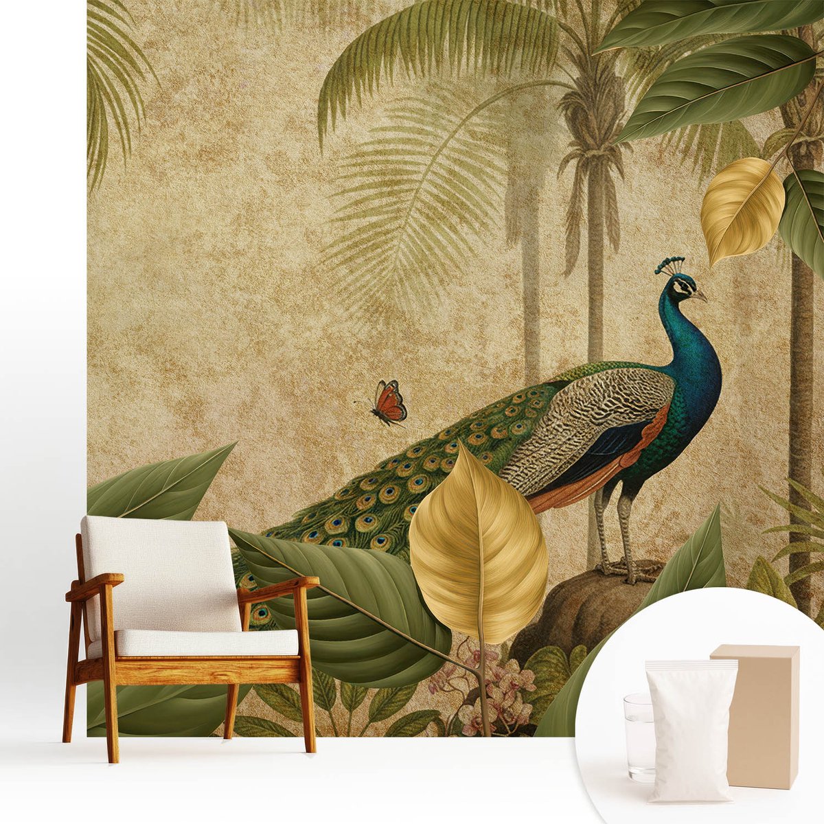 Wallfluent Fotobehang - Grijs Vliesbehang - 250x250 cm - Exotische Vogel Fotobehang Vlies - Hal behang Bloemen En Planten - Muurschildering - Woonkamer behang