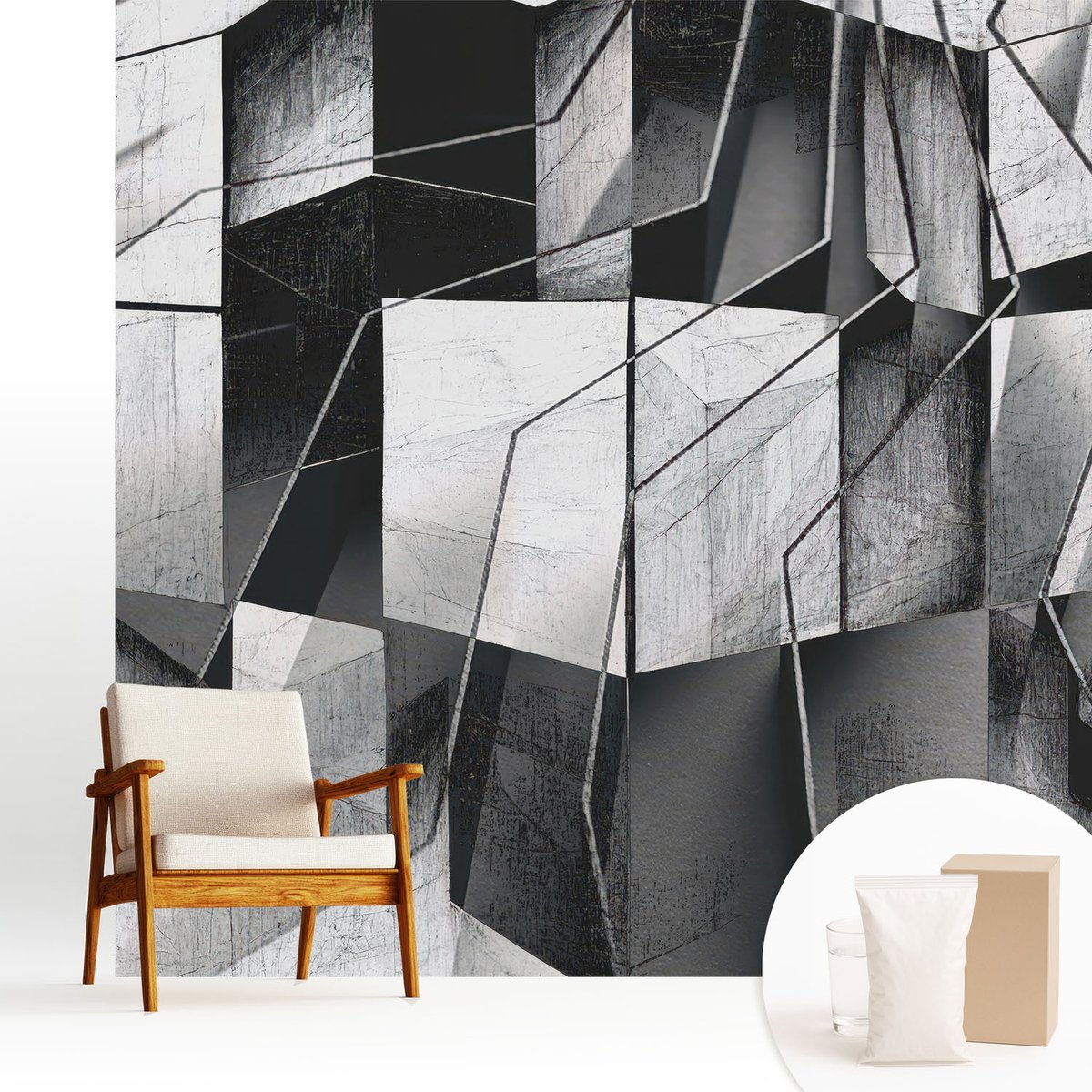 Wallfluent Fotobehang - Zwart-Wit Vliesbehang - 250x250 cm - Geometrische Abstractie Fotobehang Vlies - Hal behang Geometrie - Muurschildering - Woonkamer behang