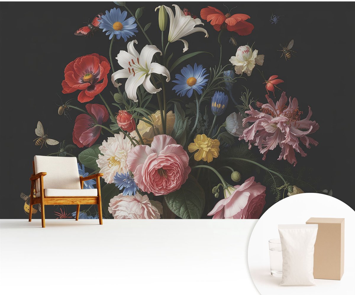 Wallfluent Fotobehang - Zwart Vliesbehang - 416x254 cm - Bloemen Met Insecten Fotobehang Vlies - Woonkamer behang Bloemen En Planten - Muurschildering - Woonkamer behang