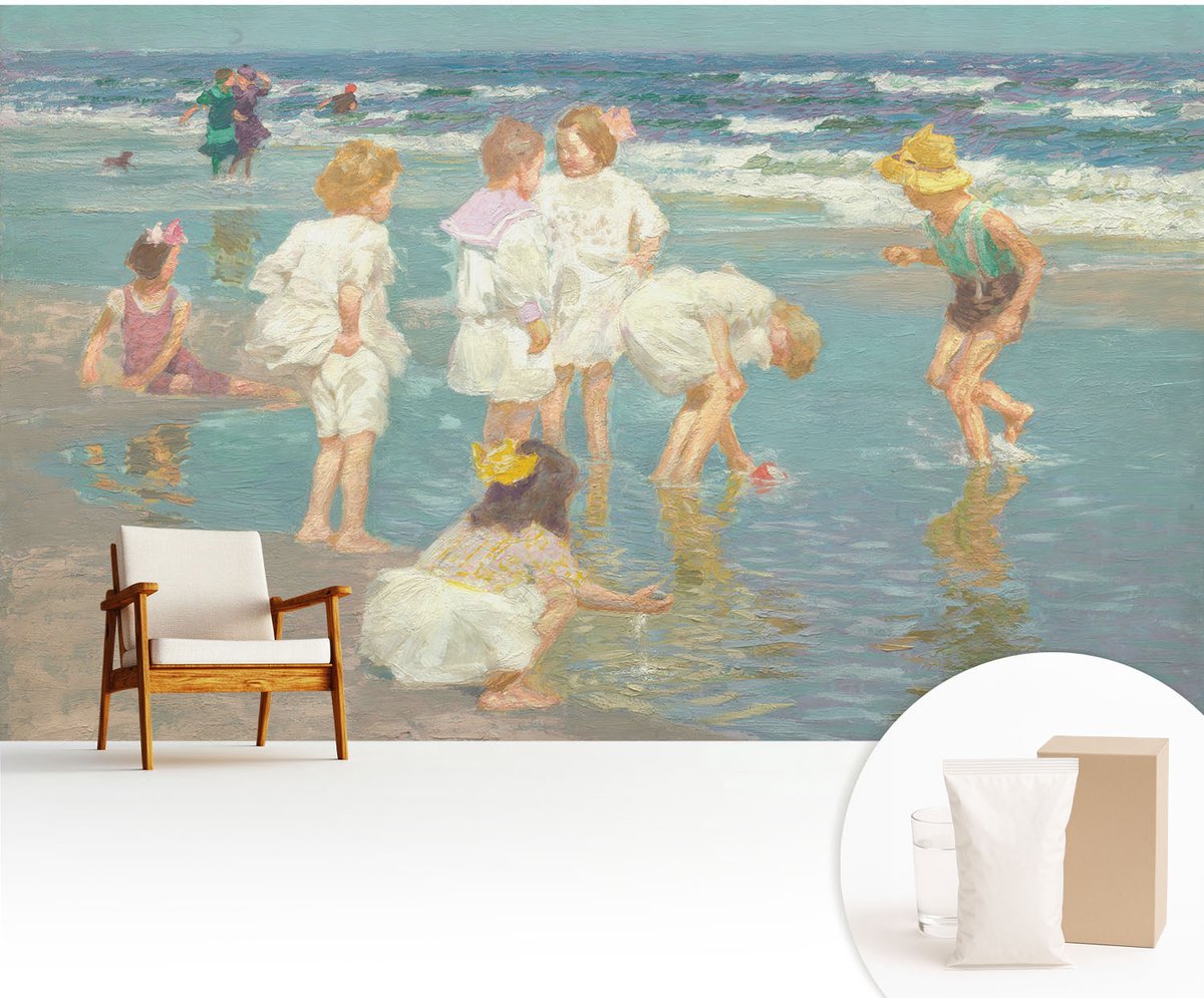 Wallfluent Fotobehang - Wit Vliesbehang - 416x254 cm - Jeugd Aan Het Strand Muurschildering - Slaapkamer behang Mensen - Fotobehang Vlies - Gang behang